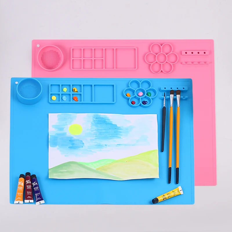 Silicone Painting Mat Kids Art Crafts Pads with Cup and Paint Brush Holder Palette DIY Handmade Mat Zpaxo