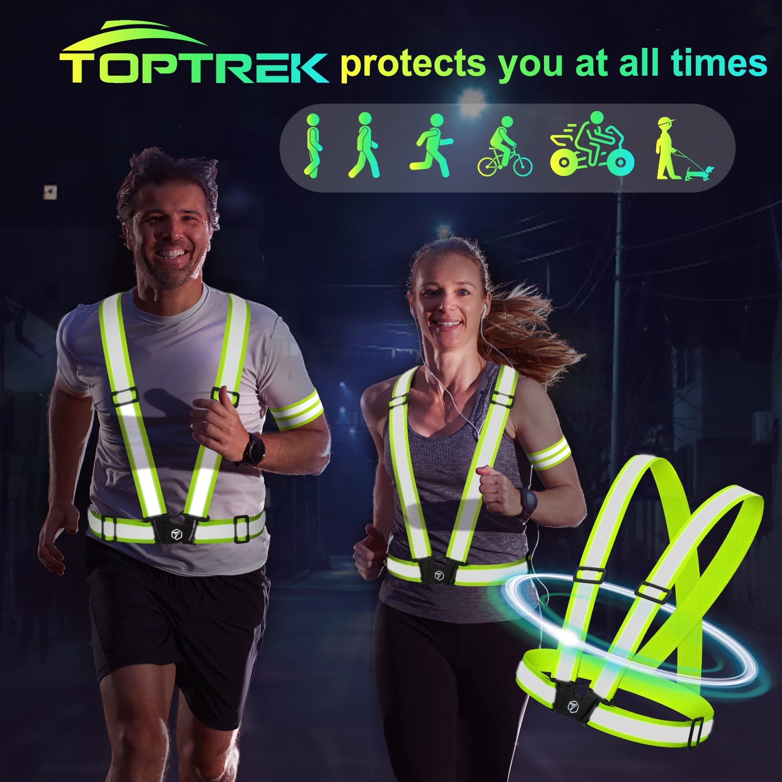 TOPTREK 2PC Reflective Running Vest Adjustable High Visibility Reflective Safety Harness Night Walking Cycling Motorcycle Bike Zpaxo