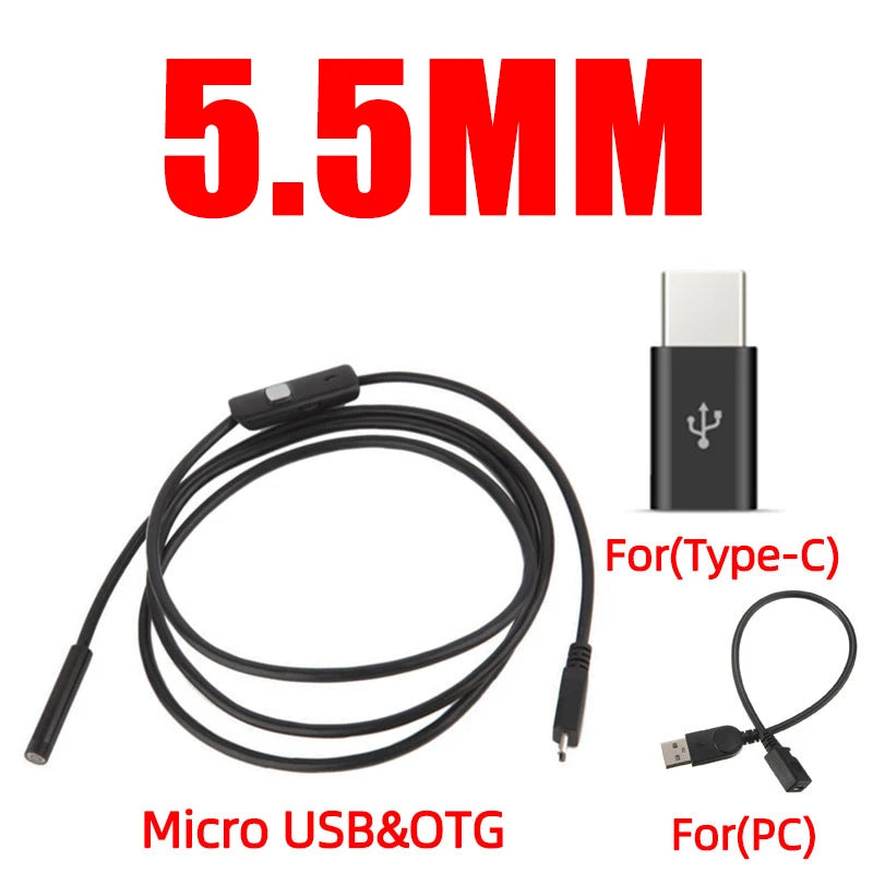 7.0mm Type-C Mini Endoscope Camera IP67 Waterproof 6 LED Adjustable USB Android Flexible Inspection Borescope Cameras For Phone Zpaxo 5.5mm-1m