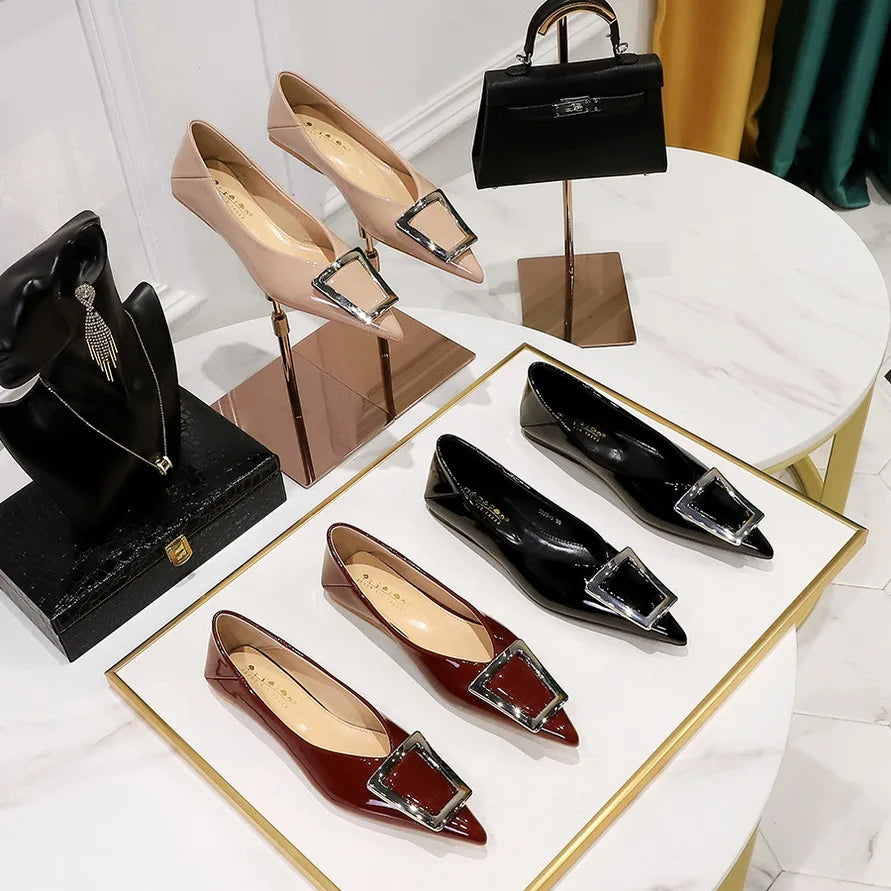 Flat Shoes for Women Spring and Autumn 2025 New Casual Women's Shoes Patent Leather Pointed Toe Metal Buckle Flat Ladies Shoes Zpaxo