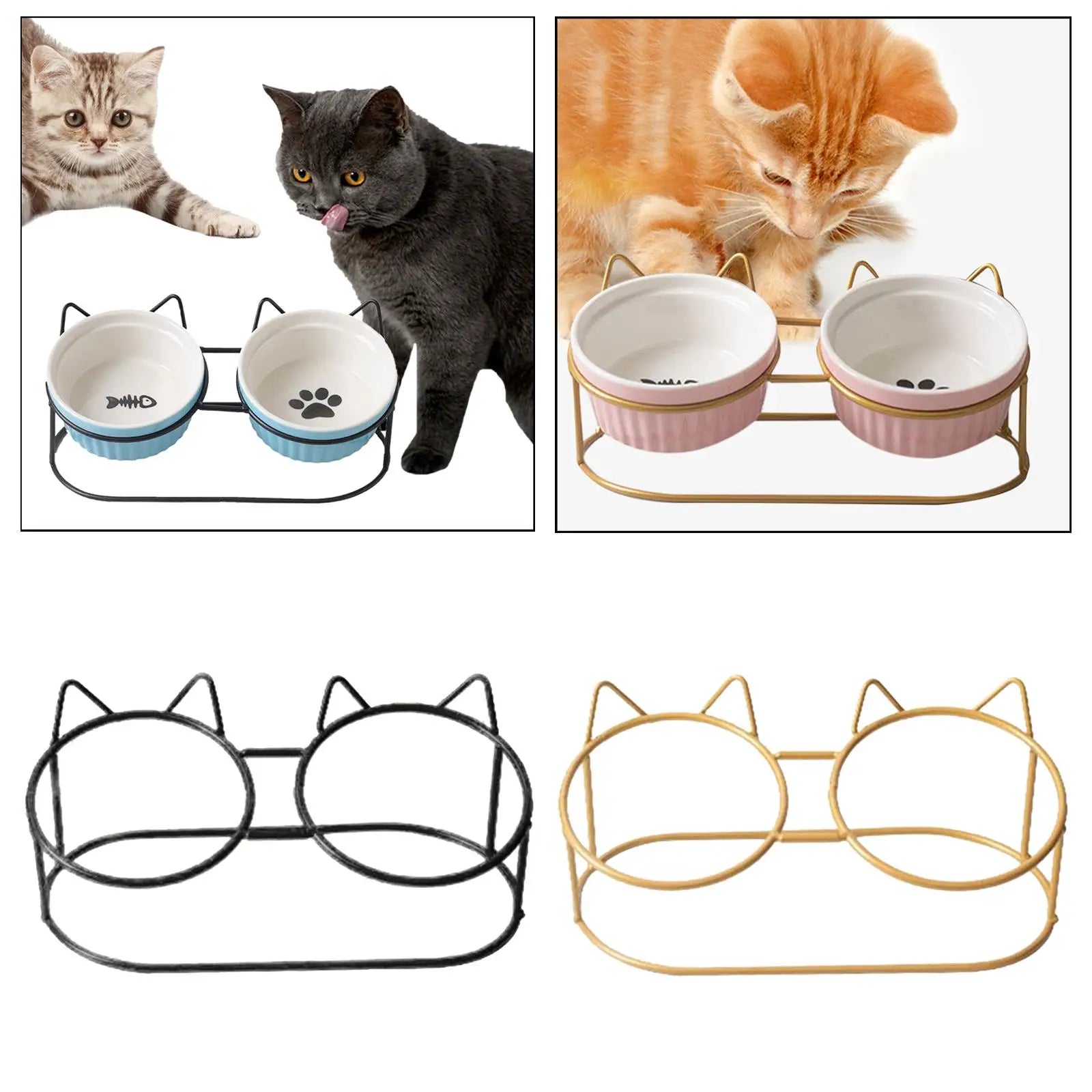 Cute Cat Bowls Raised Stand Iron No Spill Non Slip Double Elevated Zpaxo