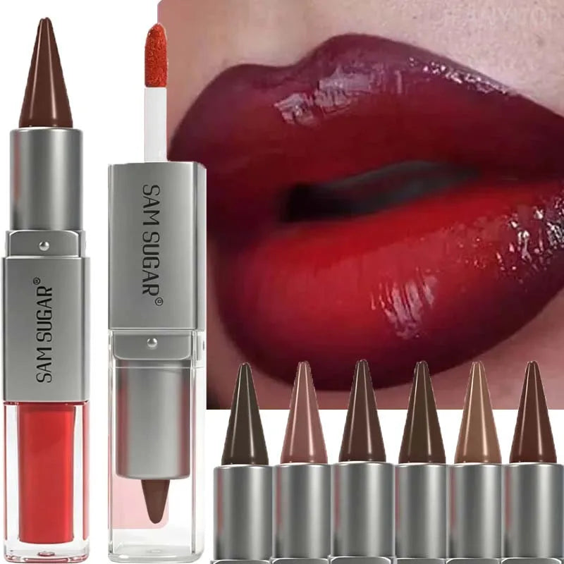 2IN1 Tapered Lipliner Lipstick Pen Nude Brown Mirror Glass Lip Gloss Matte Gradient Lip Liner Waterproof Lips Contour Pen Makeup Zpaxo