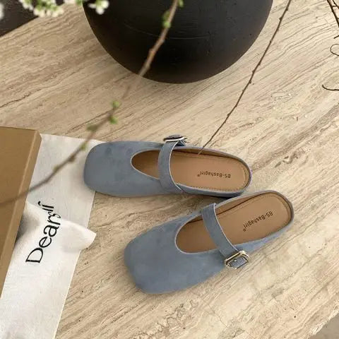 Mary Jane Baotou Half Slipper Women's Summer Outerwear Half Slipper 2025 Summer Soft Flat Bottom Square Toe Slippers for Women Zpaxo blue 35
