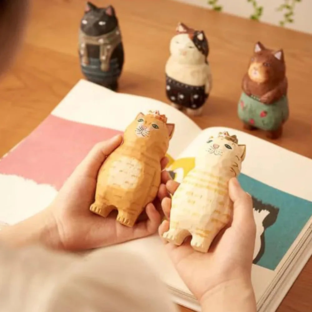 Cute Wood Carving Cat Ornament Small Simple Painted Cartoon Sculpture Zpaxo
