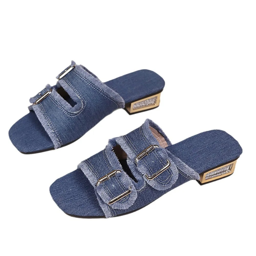 Summer Denim Slipper Bohemian Women Buckled Fringe Comfortable