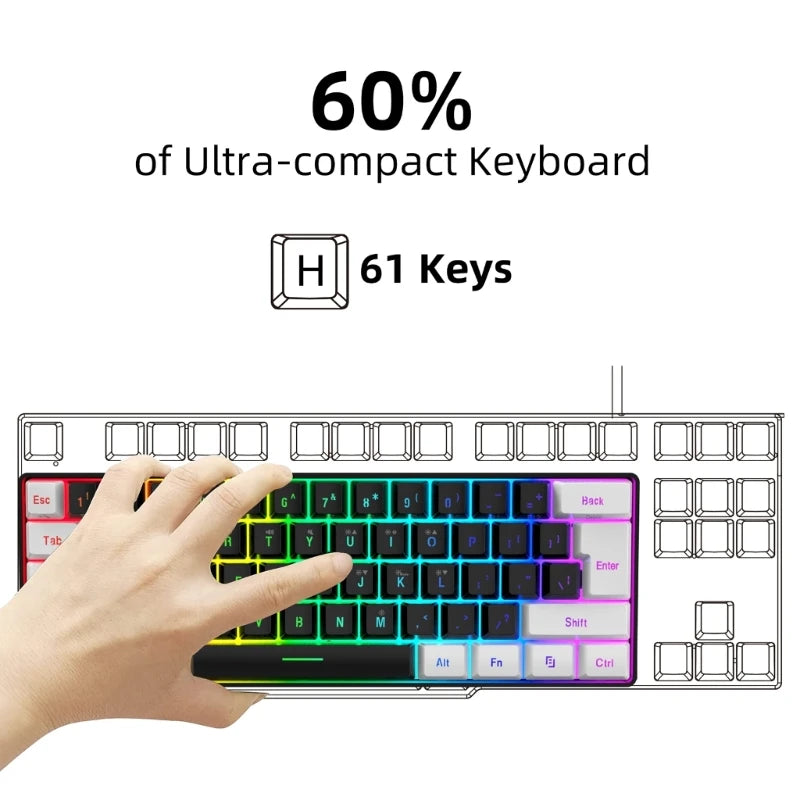 USB Wired Gaming Keyboard 61 Keys Compact Mini Office Desktop