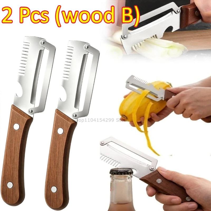 Knife Kitchen New Paring Knife Ergonomic Stainless Steel Vegetable Peeler with Wooden Handle 2-in-1 Fruit Potato Peeler Zpaxo wood B-2PCS