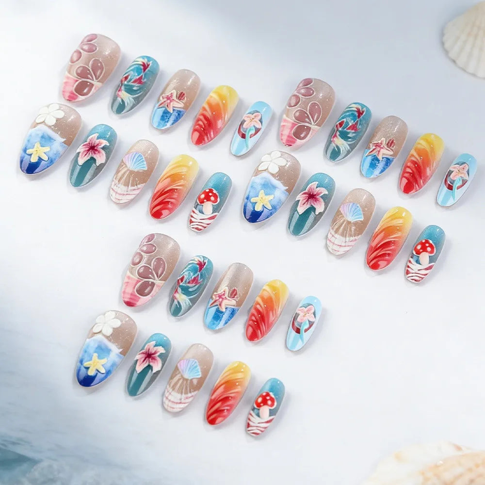 Sweet Ocean Theme Press-on Nails Almond-shaped 3D Flower Gel Fake Zpaxo