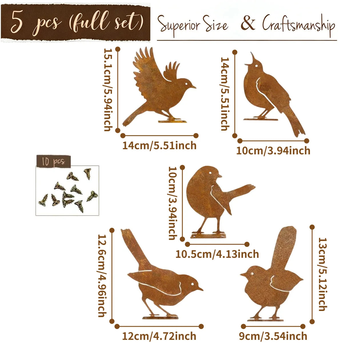 5-Piece Metal Bird Wall Decor – Rustic Farmhouse Garden Art Set