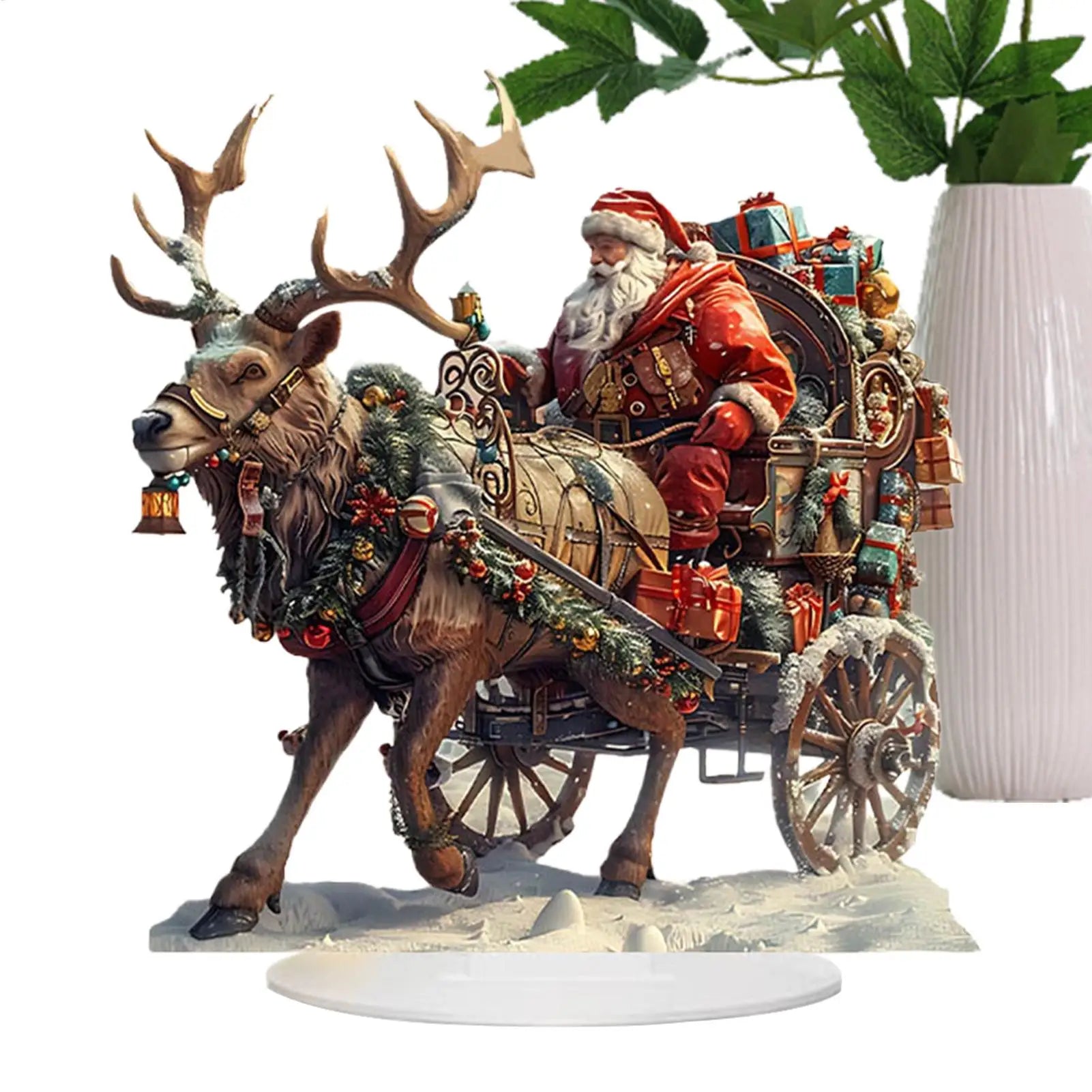 Santa Sleigh Reindeer Figurine 2D Acrylic Table Decor Deer Home Party