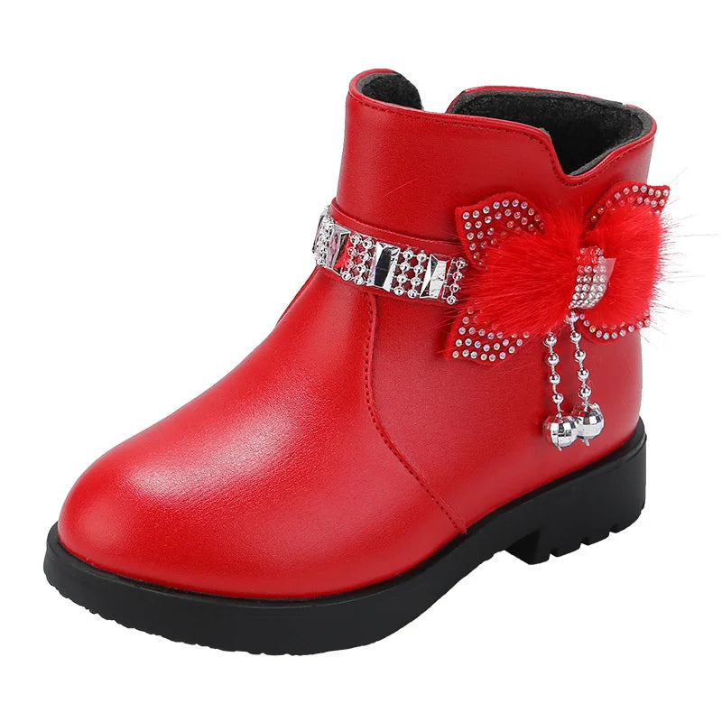 Winter Children's Shoes Girl Mid Length Warm Leather Boots Baby Bow Zpaxo Red 24(Insole15cm) China Mainland