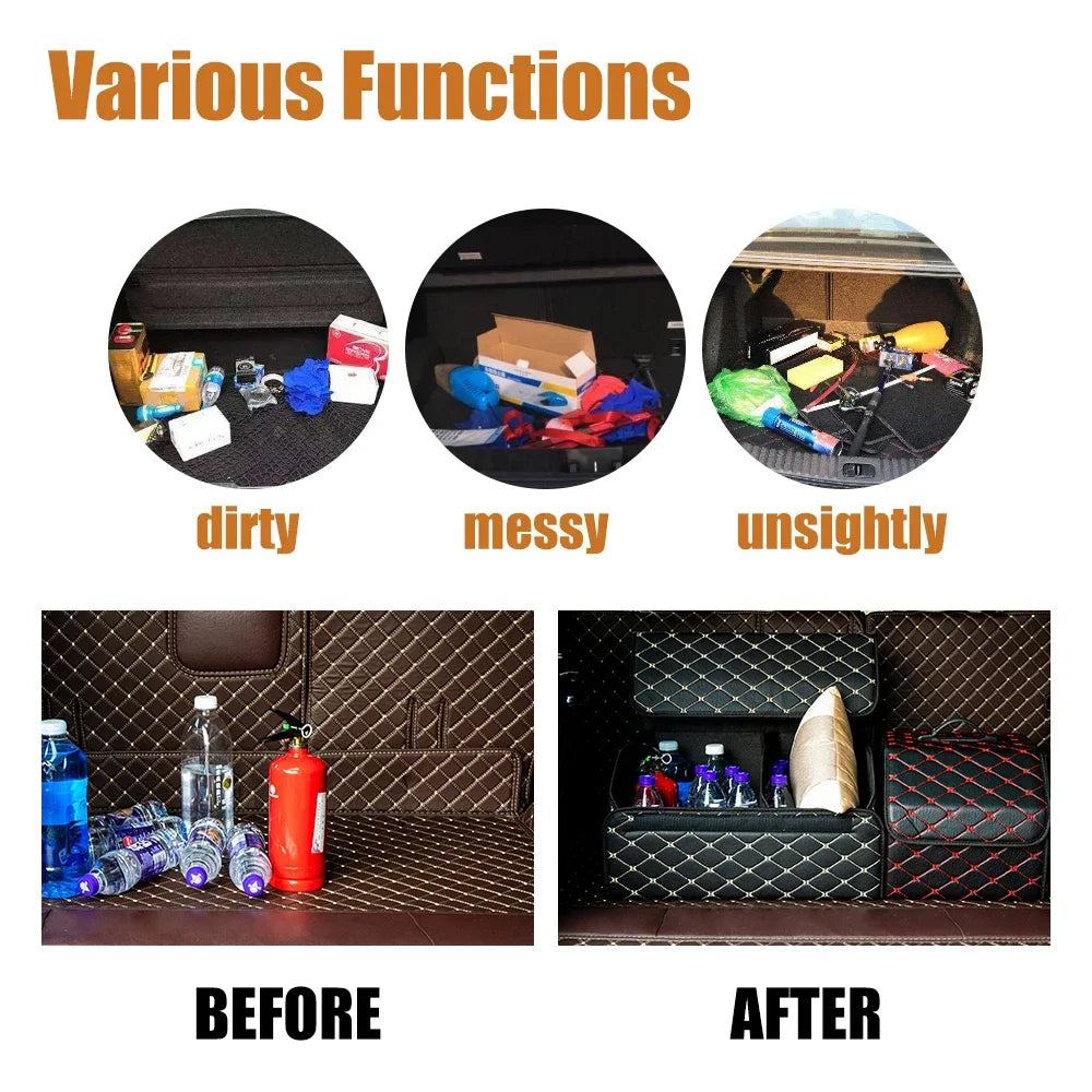 Collapsible Car Trunk Organizer with Lid | PU Leather Storage Box Car Trunk Organizer Zpaxo