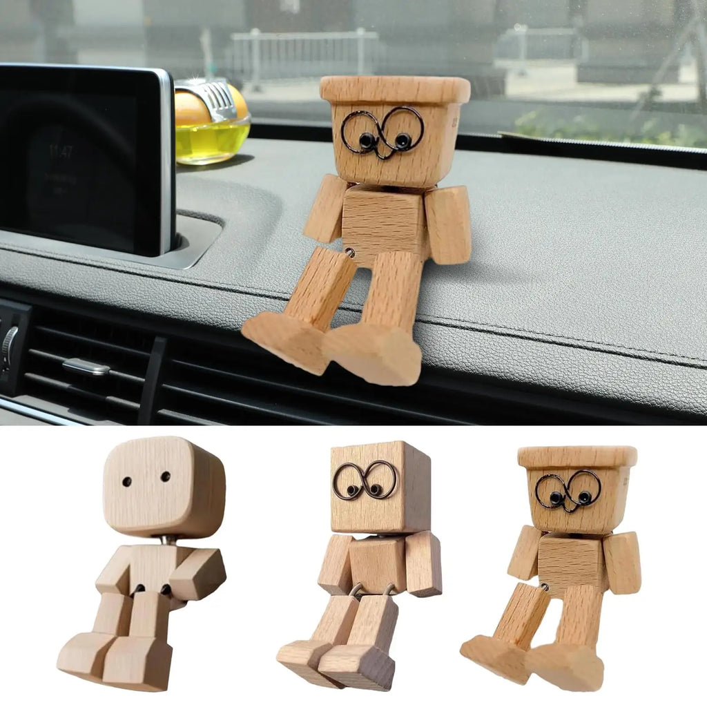 Shaking Wooden Man Figurine Funny Bobblehead Car Dashboard Decoration