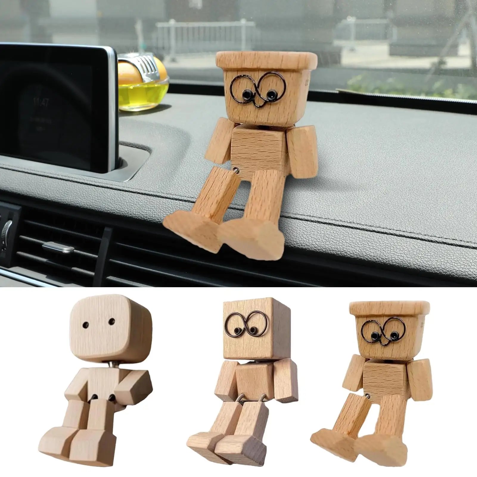 Shaking Wooden Man Figurine Funny Bobblehead Car Dashboard Decoration