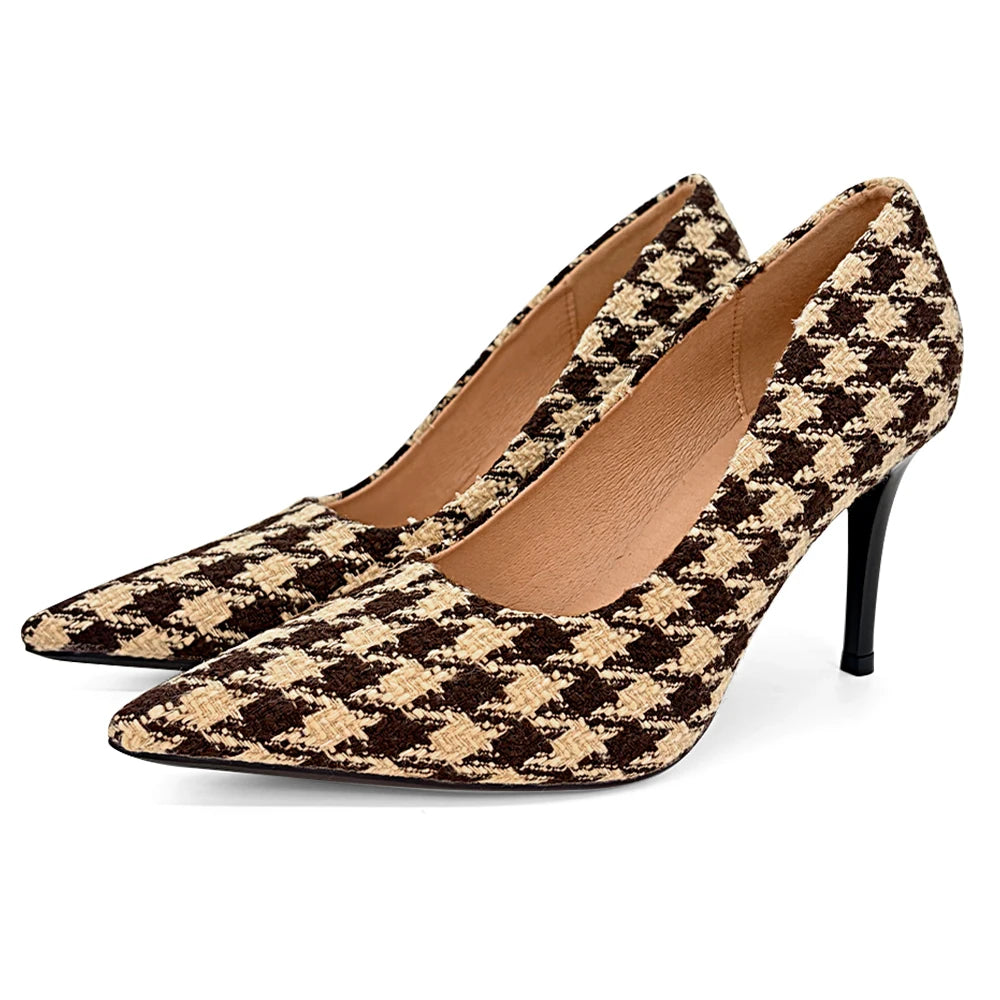 Women's Vintage Houndstooth Pointed Toe Pumps | 9cm Heels