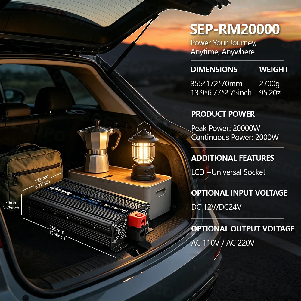 20000W Peak Power Inverter 12V DC to 110V/220V AC Inverter with LCD Display Smart Cooling for RV Camping Home Emergency Backup Zpaxo