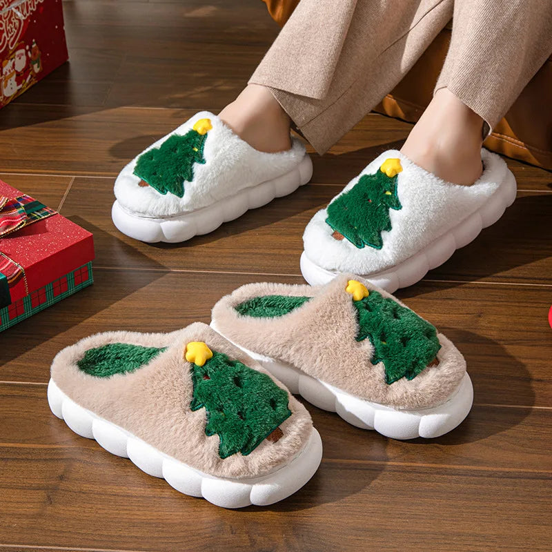 Christmas Themed Plush Slippers Women Men Cozy Home Winter Indoor