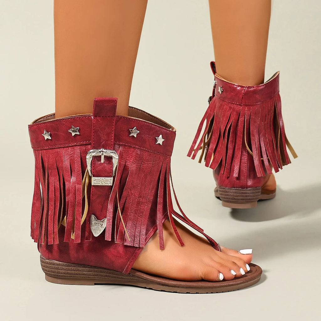 Fashion Studded Sandals 2025 New Roman Shoes Low Heel Tassel New Style Sandals Luxury Corrective Toe Clip Boots Women Flip Flops Zpaxo