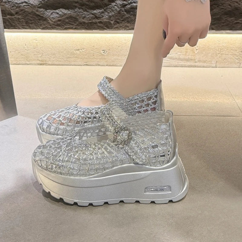 Weaving Women's Round Closed Toe Hollow Out Breathable Heel Sandals Zpaxo