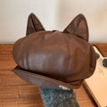 PU Leather Cute Cat Ear Berets Women Solid Casual Newsboy Cap Zpaxo Coffee