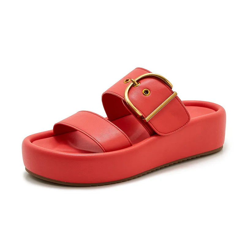 Womens Chic Platform Slide Sandals Luxe Gold Buckle Detail Double Zpaxo