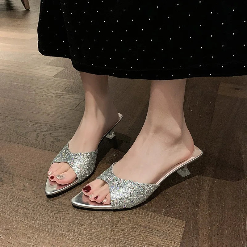 Luxury Women S Sandals Summer Mid Heels Open Toes Pointed Slip Sequin Zpaxo Silver 41