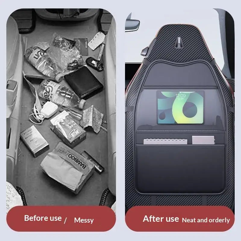 PU Leather Car Seat Back Protector & Tablet Holder with Pockets