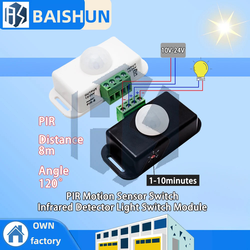 DC 12V 24V 8A Automatic Adjust PIR Motion Sensor Switch IR Infrared Zpaxo