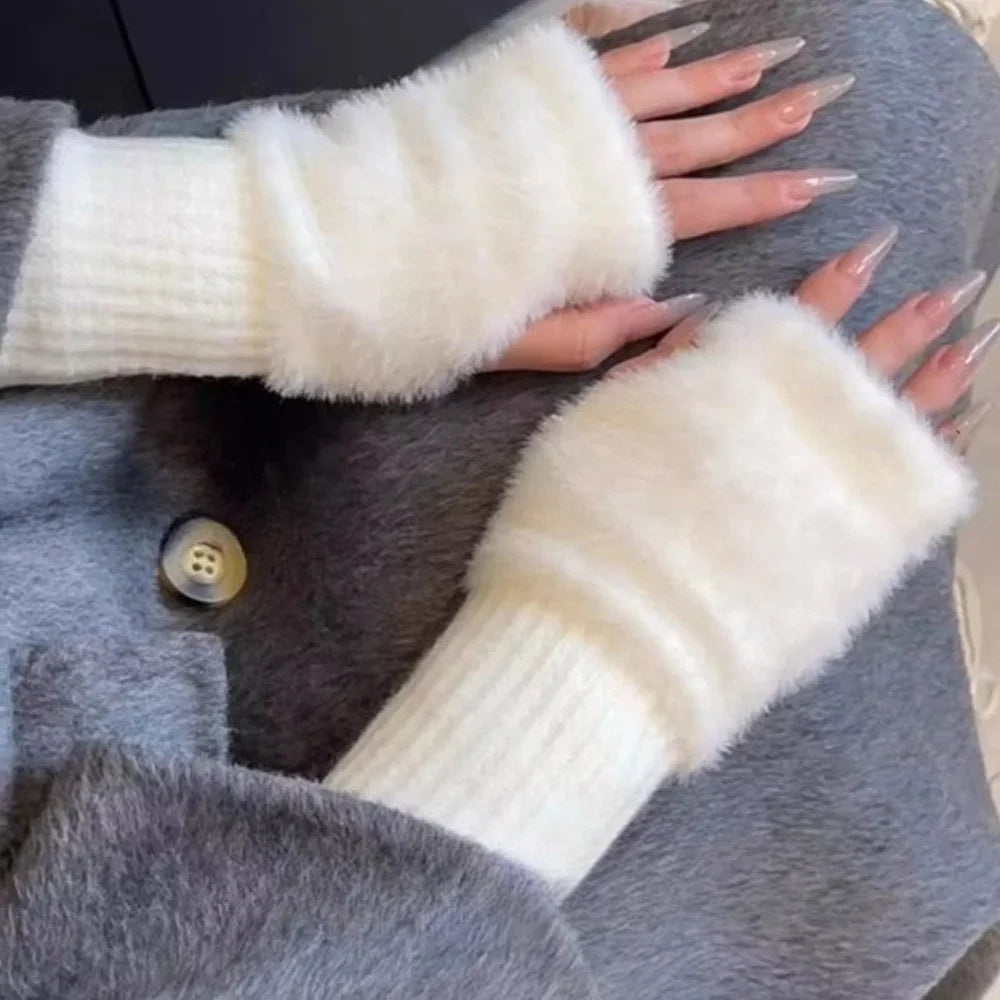 Autumn Winter Soft Mink Fleece Half Finger Gloves Women Plush Knitted Fingerless Gloves Wrist Mittens Driving Writting Gloves Zpaxo