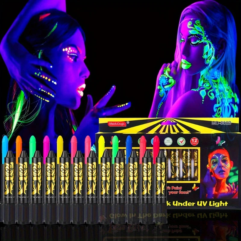 UV Neon Face Body Paint Fluorescent Glow Dark Crayons Sticks Mardi Zpaxo