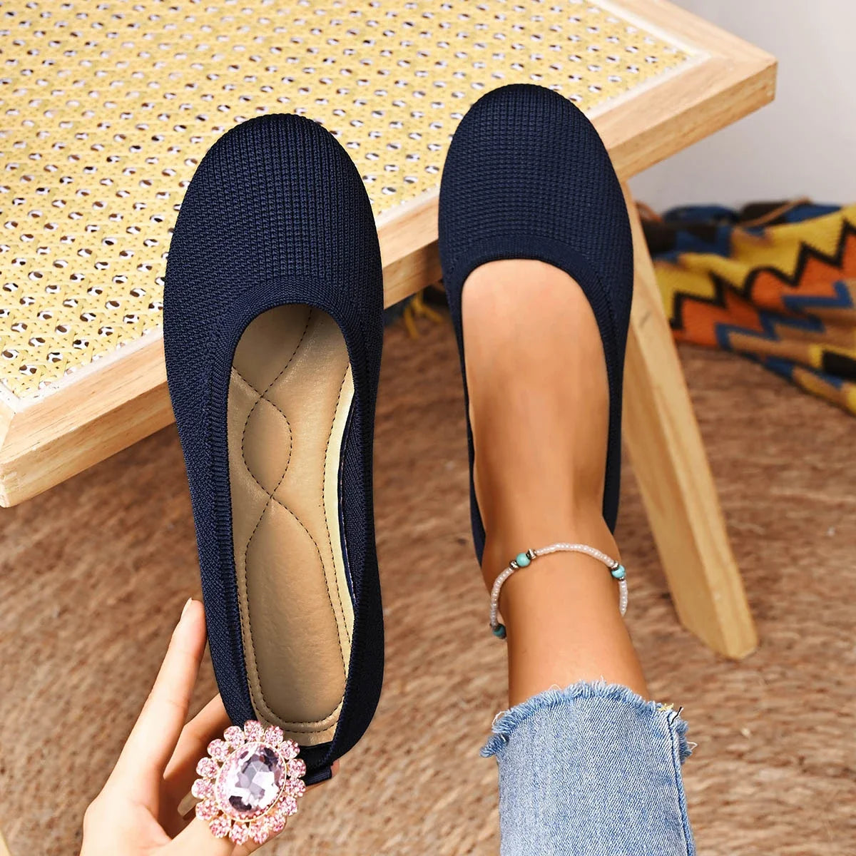 Spring Women Flats Shoes Round Toe Plus Size Light Shoes Knitting Sock Sneakers Breathable Slip on Shoes Female Zapatos De Mujer Zpaxo dark blue 40