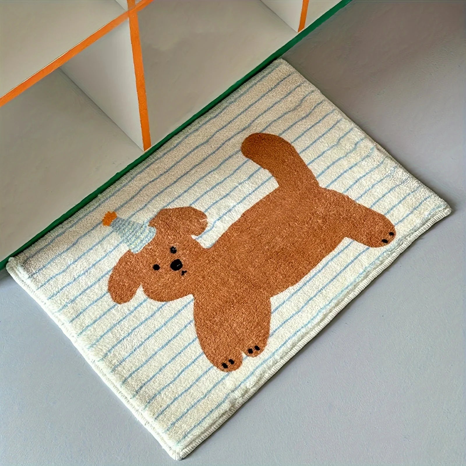 Cartoon Dog Stripe Bath Mat Non-slip Absorbent Flannel Rug Machine Zpaxo Puppy 500MMx800MM