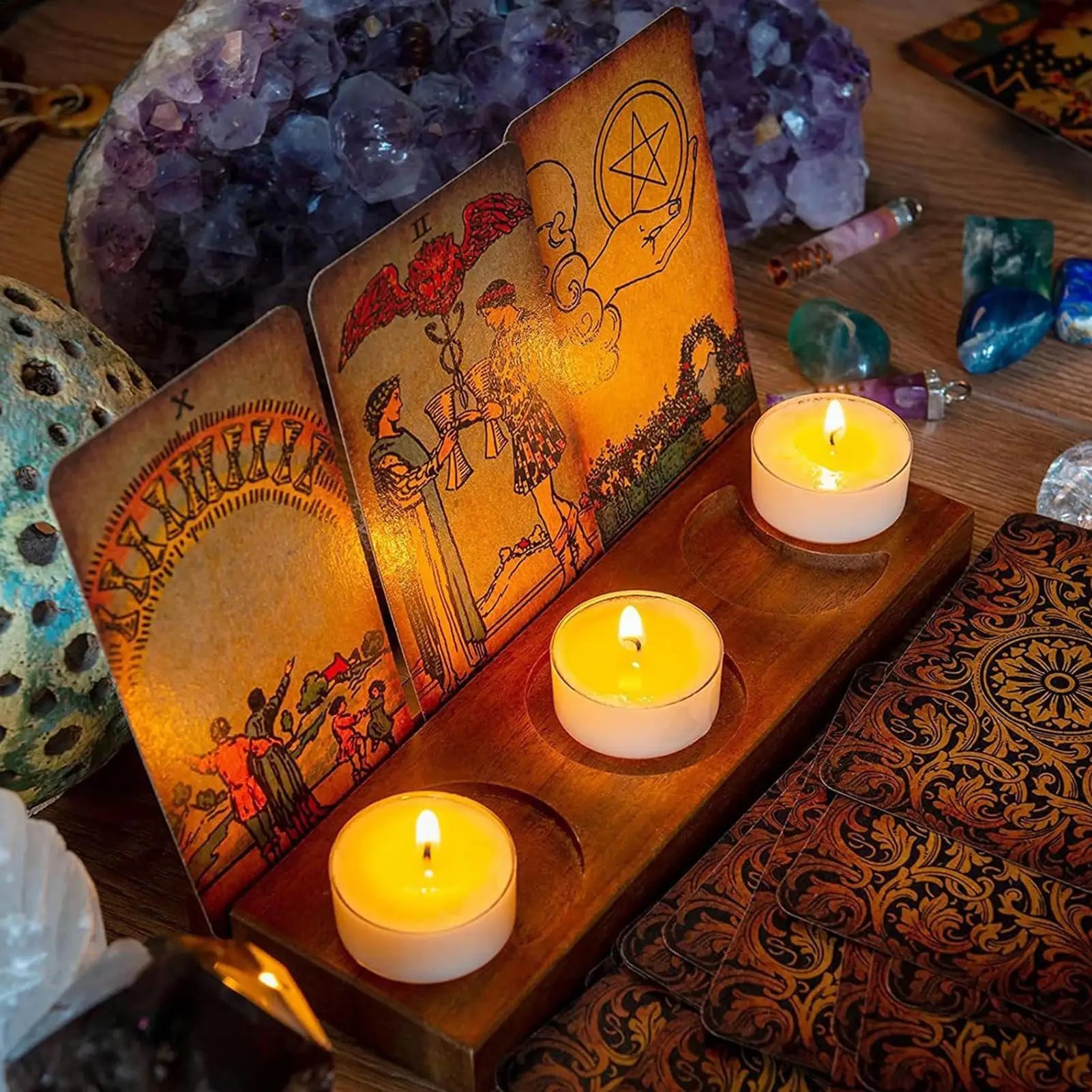 Tarot Card Stand Wooden Spiritual Candle Tray Moon Phase Design