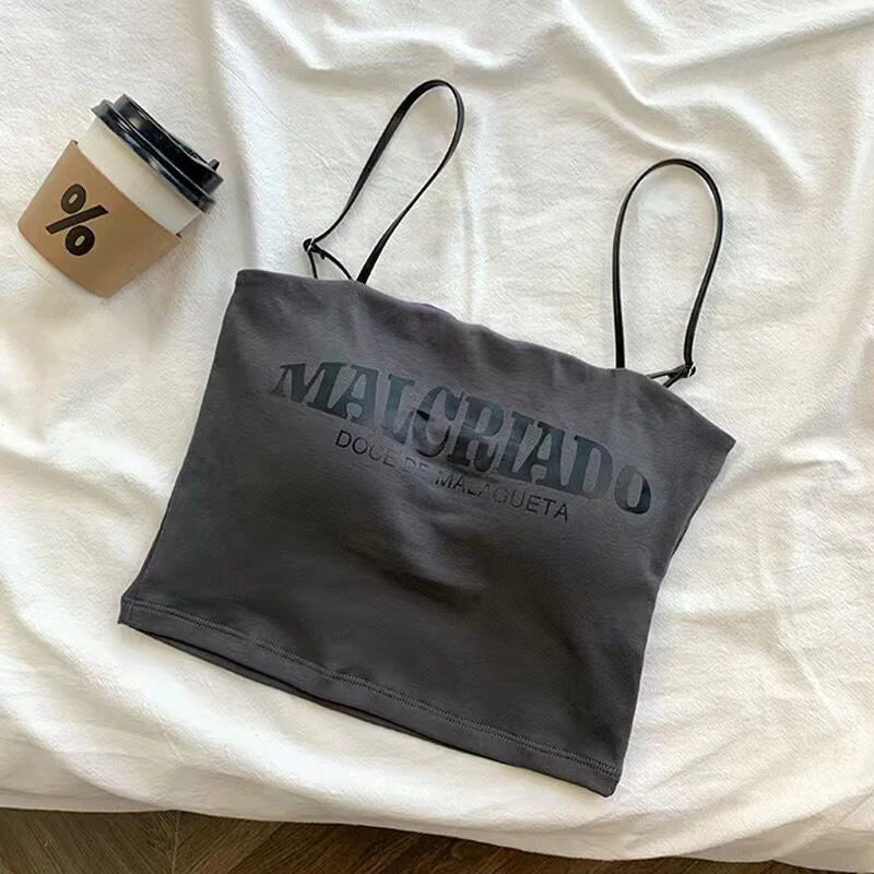 Sexy Crop Tops Women Summer Shirring Sleeveless Slim Camis Tops Bodycon With Chest Pad Letter Fashion Casual Soft Tops Female Zpaxo dark grey Uniform size