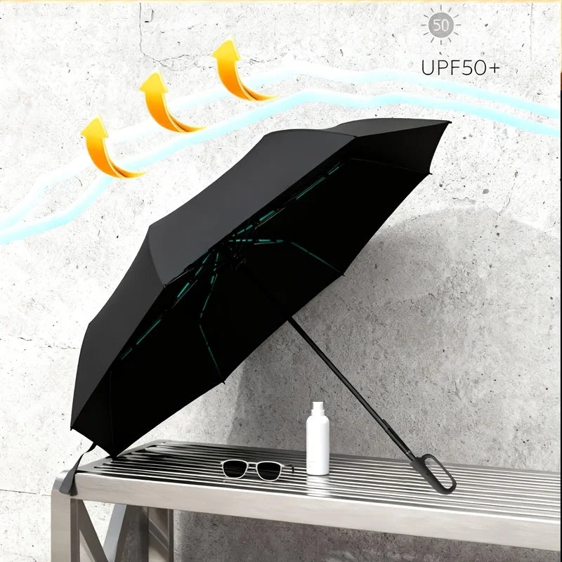 Carabiner Clip, Portable, Hands-free, Automatic Folding Umbrella. Features Reinforced Thickened Windproof Ribs and Canopy Zpaxo metal-fiber composite 24K black-H