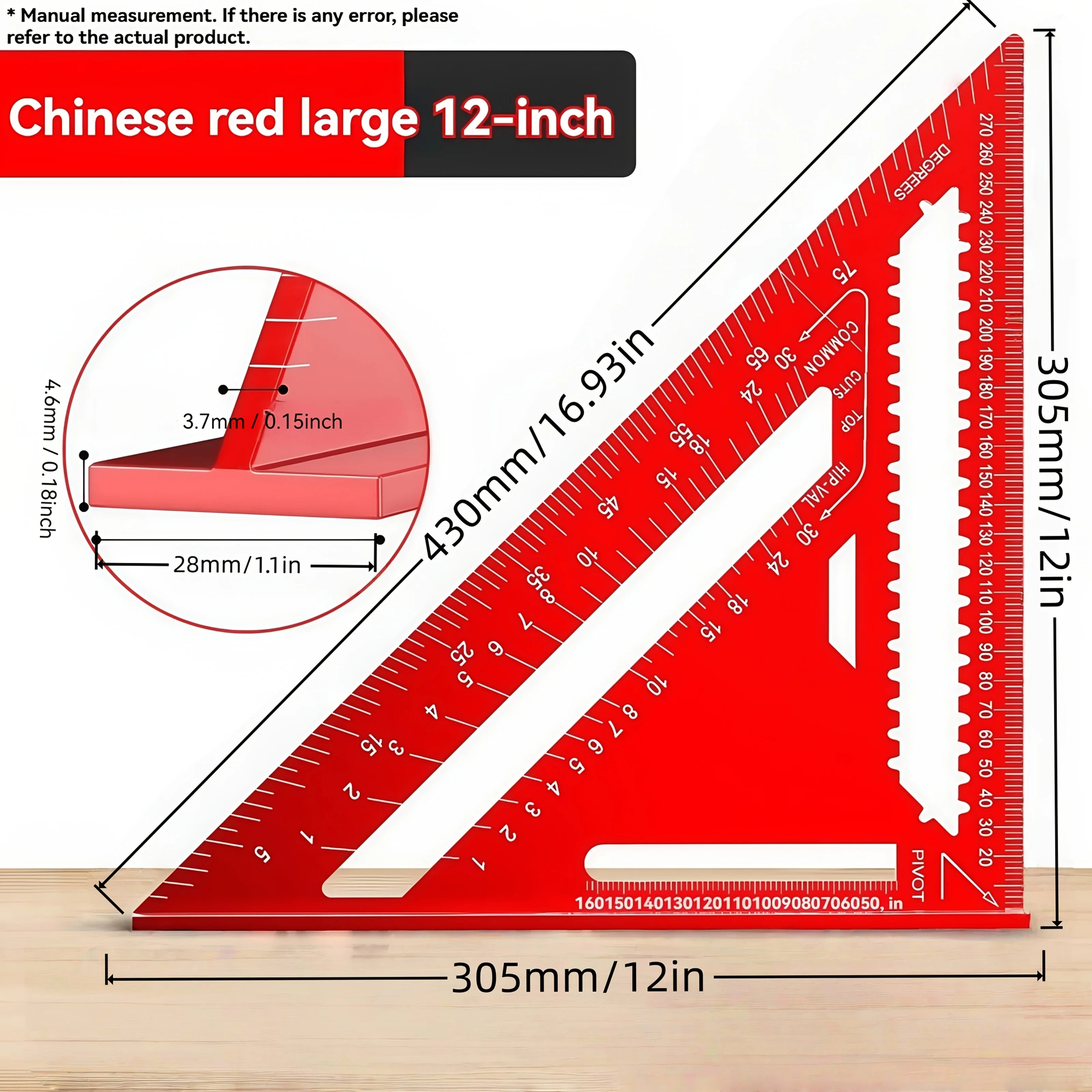 Precision Ruler 12-Inch Red Aluminum Alloy Triangle Durable Metal Zpaxo