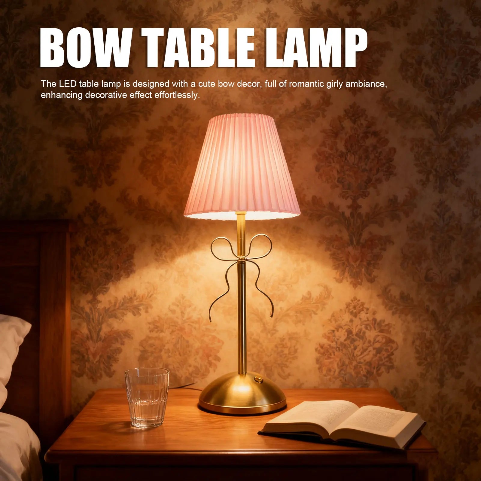 Bow Table Lamp Cute Decorative Rechargeable LED Fabric Shade Desk