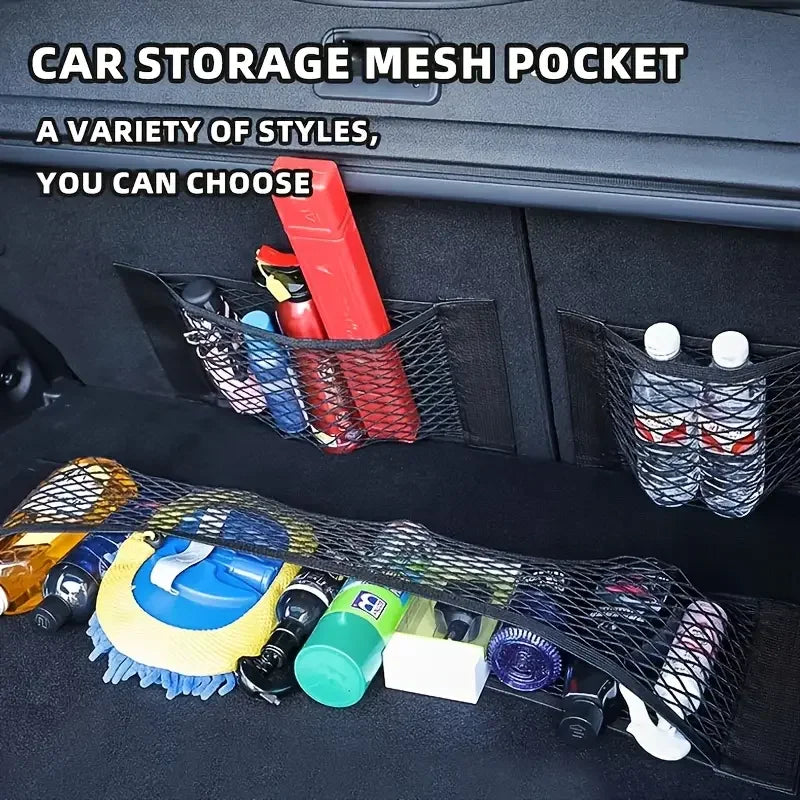 1 black mesh car trunk storage box-with hook and loop strap, easy to install and disassemble, double-layer elastic mesh bag stor Zpaxo