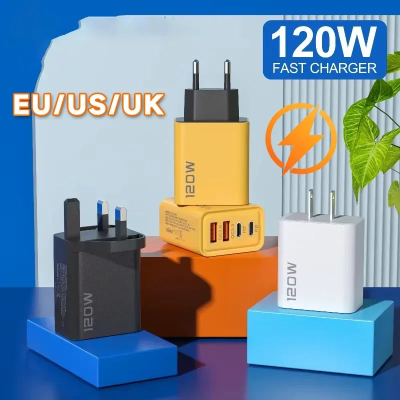 120W 4 Port USB C Charger Fast Charging Data Cable Phone Adapter