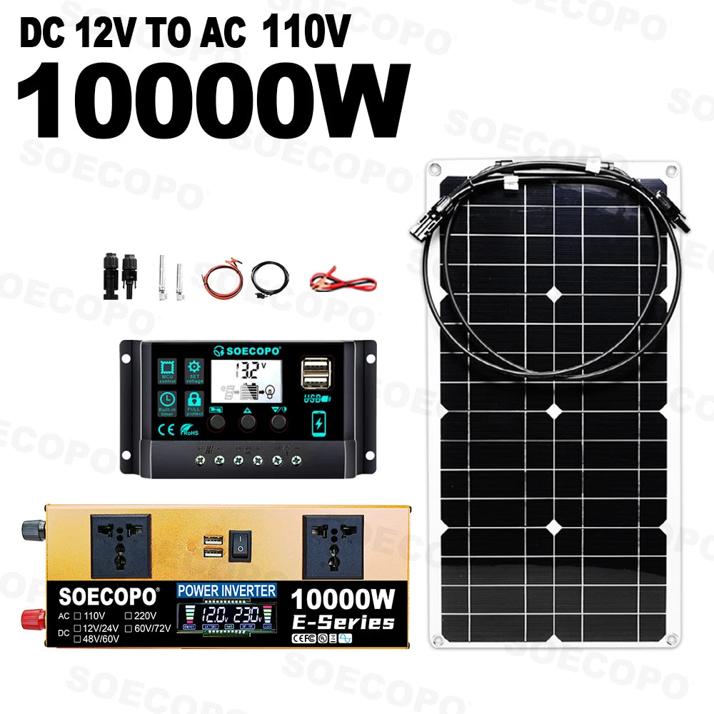 All-in-One 10000W Solar Kit Flexible Panel+1100W 110V/220V Inverter+100A Controller&Cables+Plug&Play 12V Off-Grid Power System Zpaxo 110V Solar Kit