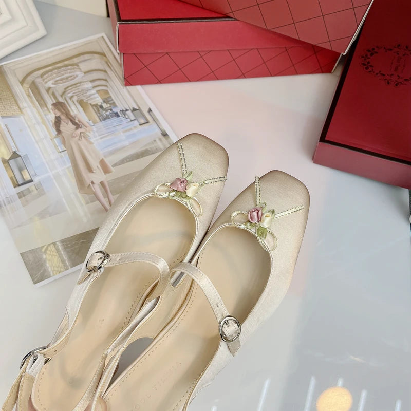 Women's Shoes Single Shoe Women's Silk Satin Thick Heel Square Toe Mary Jane Women's Sandals Lolita Shoes Pink Heels Zpaxo