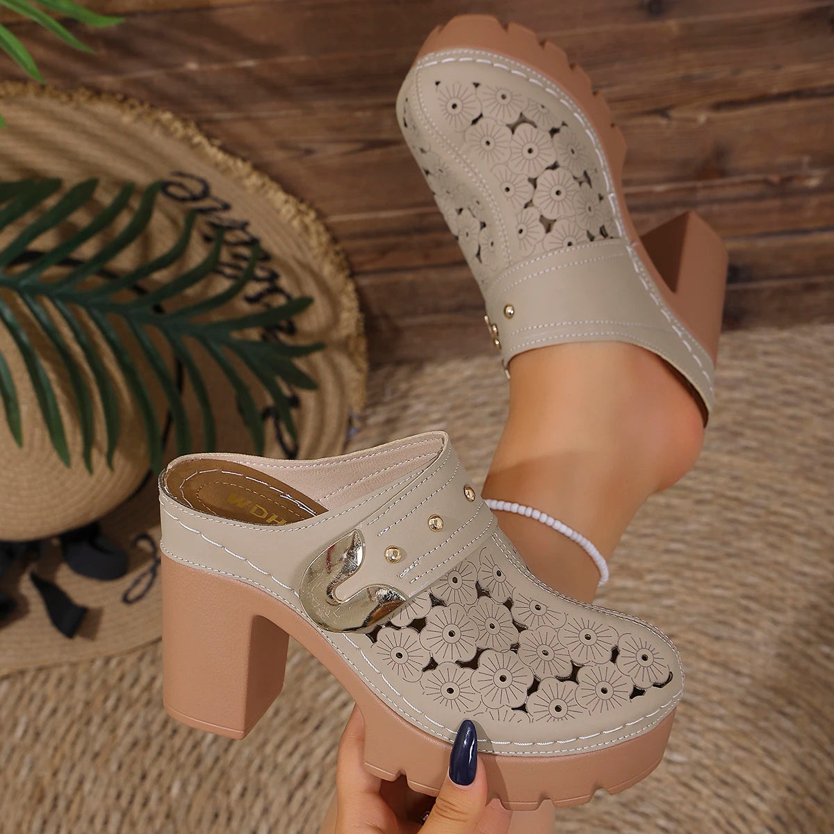 Women Sandals Solid Anti Slip Shoes Women Peep Toe Platform Sandals Summer Round Toe Shoes Slip on High Heels Slippers Women Zpaxo Khaki 43