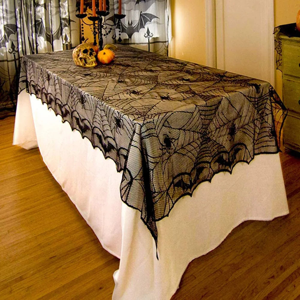 Halloween Decoration Black Spider Web Tablecloth Lace Table Runner