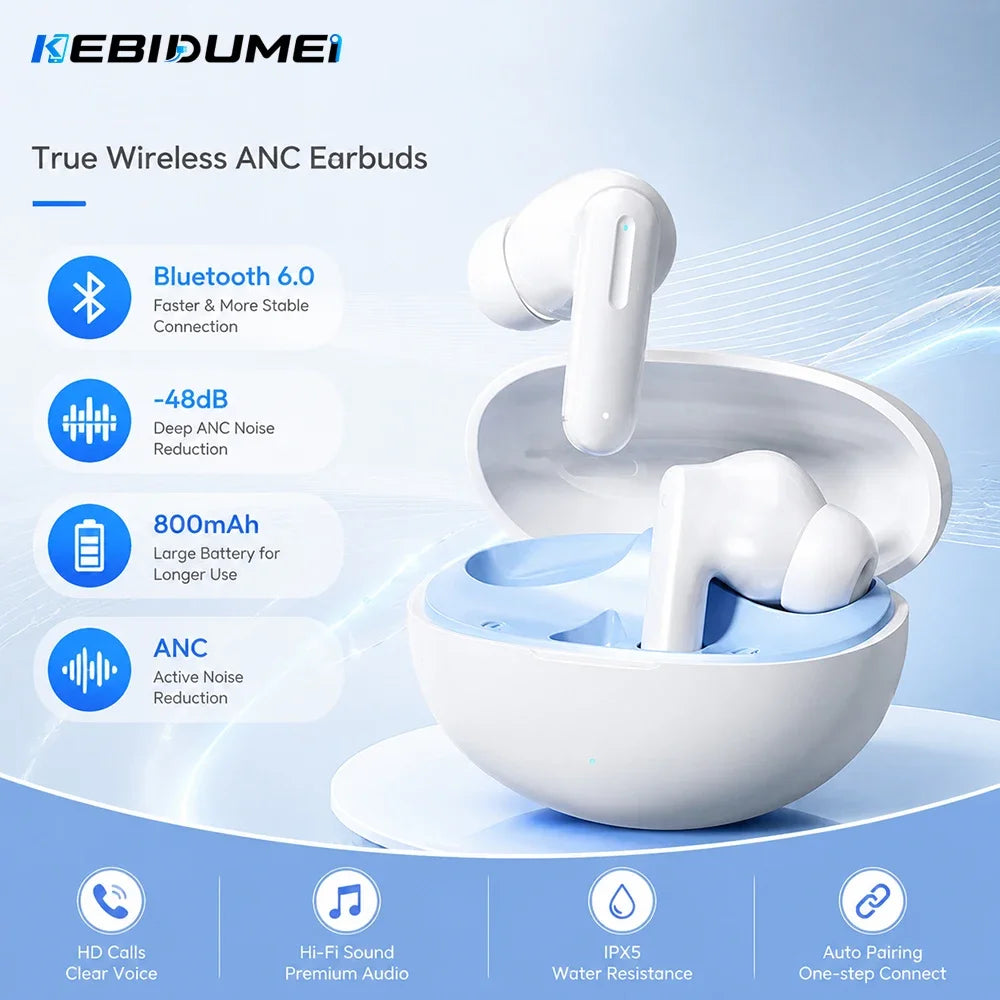 KEBIDUMEI Bluetooth Ear Earphones 6-Mic 48dB Noise Cancelling ANC