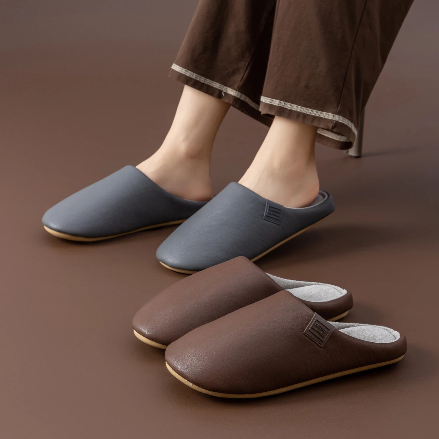 Men's Winter Slippers Fleece Lined House Shoes Waterproof PU Leather