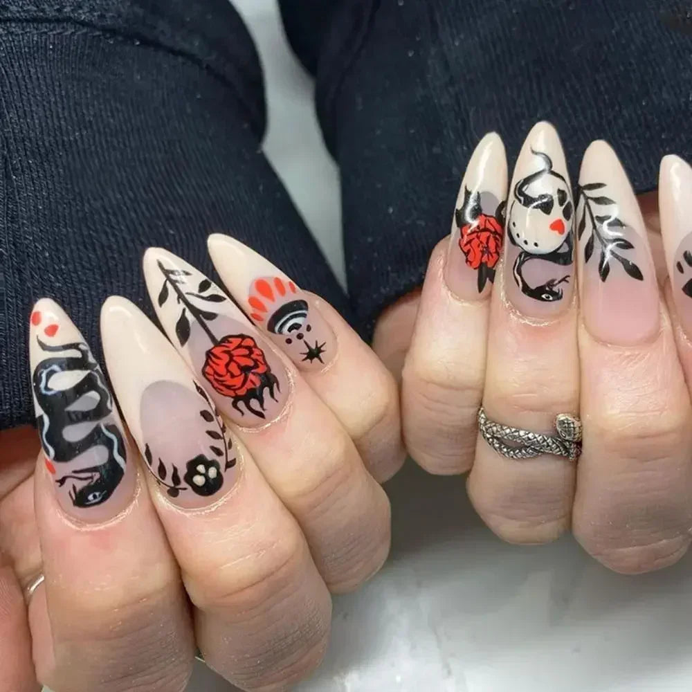 24pcs Long Almond False Nails French Leopard Star Press on Nails Fake Nails DIY Manicure Detachable Nail Tips Zpaxo W774