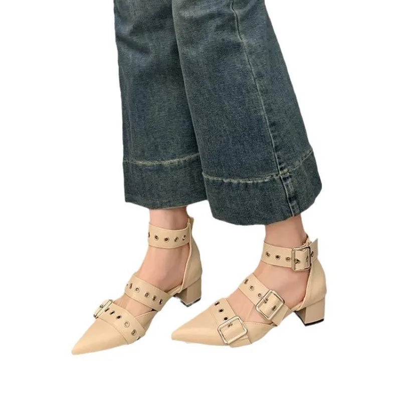 Thick Heeled Baotou Sandals Women's Roman Strap Shoes Middle Pointed