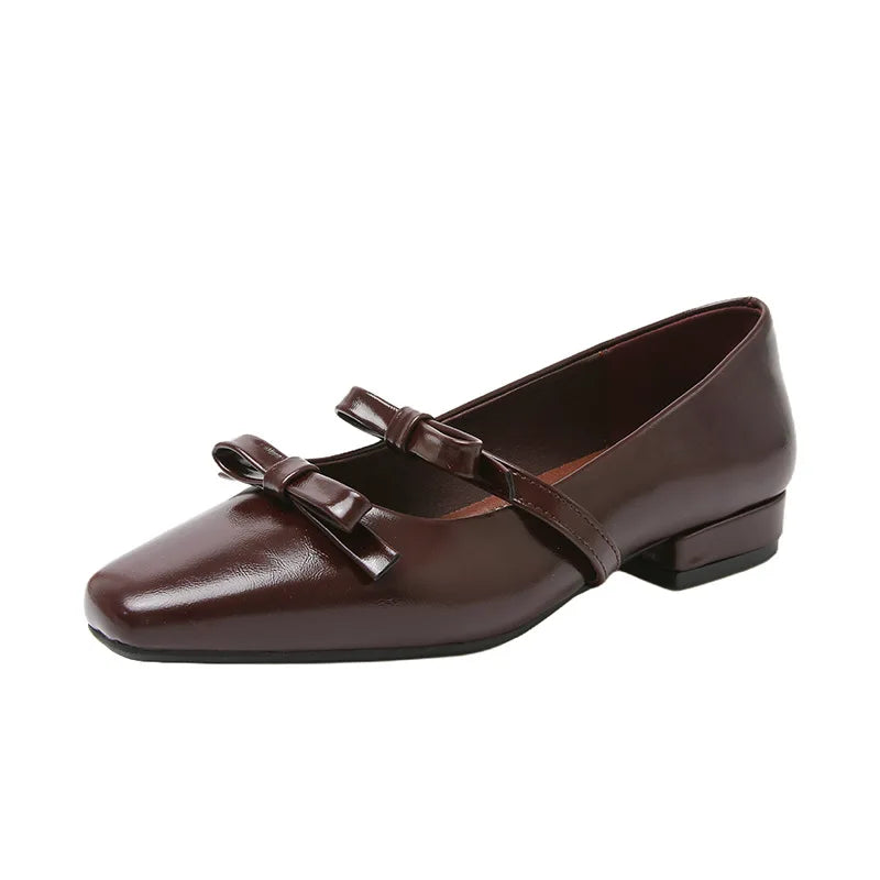 Women's Flat Shoes Thick Heeled Square Head Fashion Sweet Single Bow