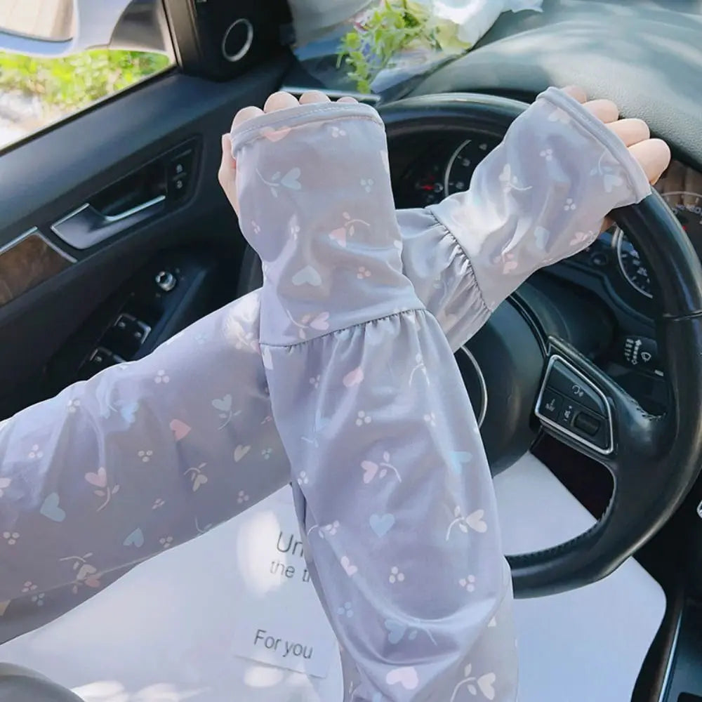 Breathable Ice Silk Sleeve Loose Fit Love Flower Print Sun Protection Sleeves Cooling Material UV Protection Sleeves Cycling Zpaxo
