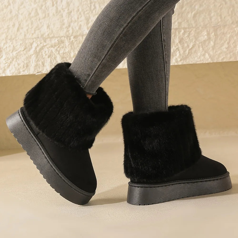 Shoes Women Winter Women's Boots Black Round Toe Solid Flock Plush Zpaxo 40 black